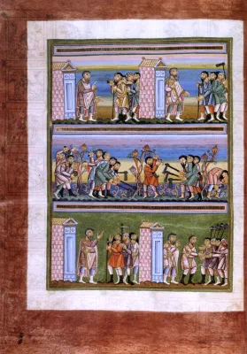 Cover art — Parable of the Workers in the Vineyard — Codex Aureus Epternacensis, fol. 76f, 11th century