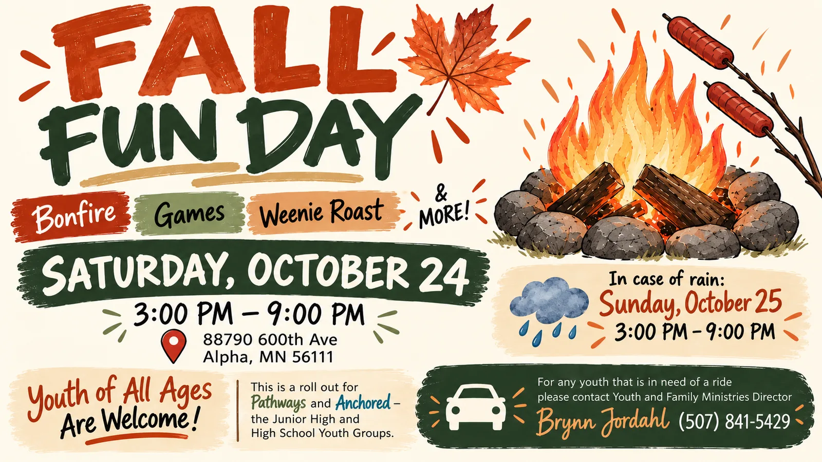 Fall Fun Day flyer: bonfire, games, and weenie roast on Saturday, October 24 from 3:00pm to 9:00pm at 88790 600th Ave in Alpha